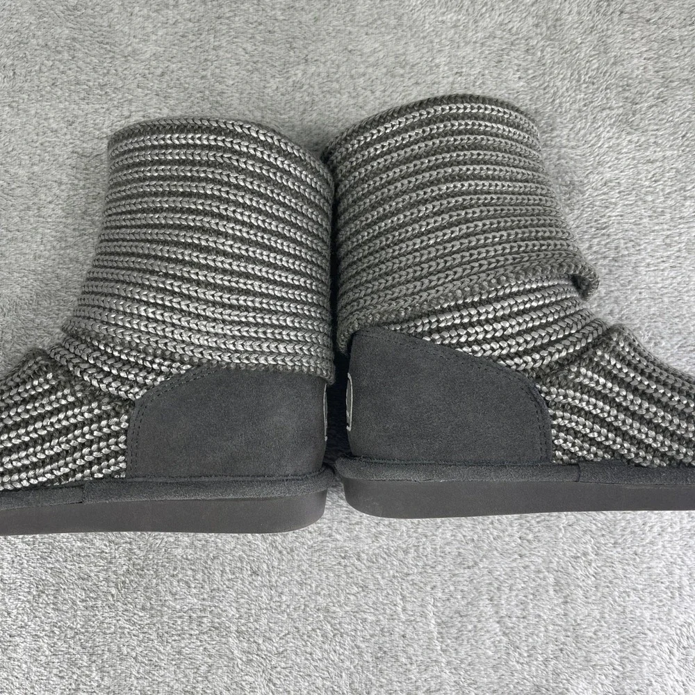 Bearpaw Boots Women 7 Gray Knit Tall Toggle Button Suede Trim Sparkle